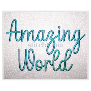 May include: An embroidered design on a white fabric with a dotted pattern. The words "Amazing World" are stitched in a teal script font. The text "stitchtopia" is also visible.