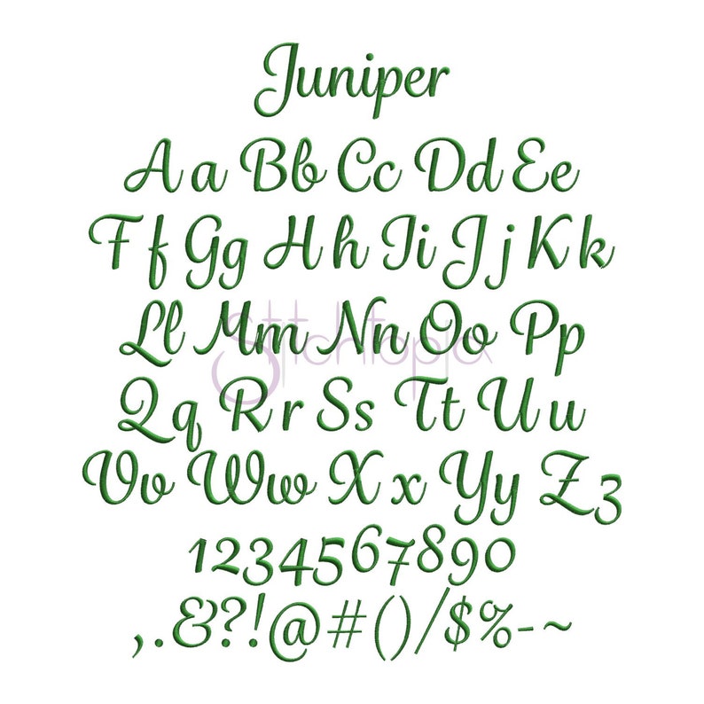 May include: Green cursive font alphabet with the word "Juniper" at the top, followed by uppercase and lowercase letters, numbers 1-9 and 0, and punctuation marks.