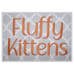 Puede incluir: Diseño bordado sobre un fondo de tela gris. El diseño dice "Fluffy Kittens" en color naranja cobre.