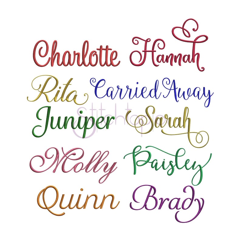 May include: A collection of embroidered names in various colors, including Charlotte, Hannah, Rita, Carried Away, Juniper, Sarah, Molly, Paisley, Quinn, and Brady.