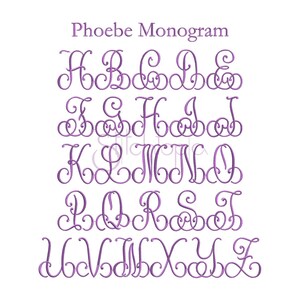 May include: A set of purple script letters in a decorative font style. The letters are arranged in alphabetical order, from A to Z. The letters are all the same size and are set against a white background. The text "Phoebe Monogram" appears at the top of the image.