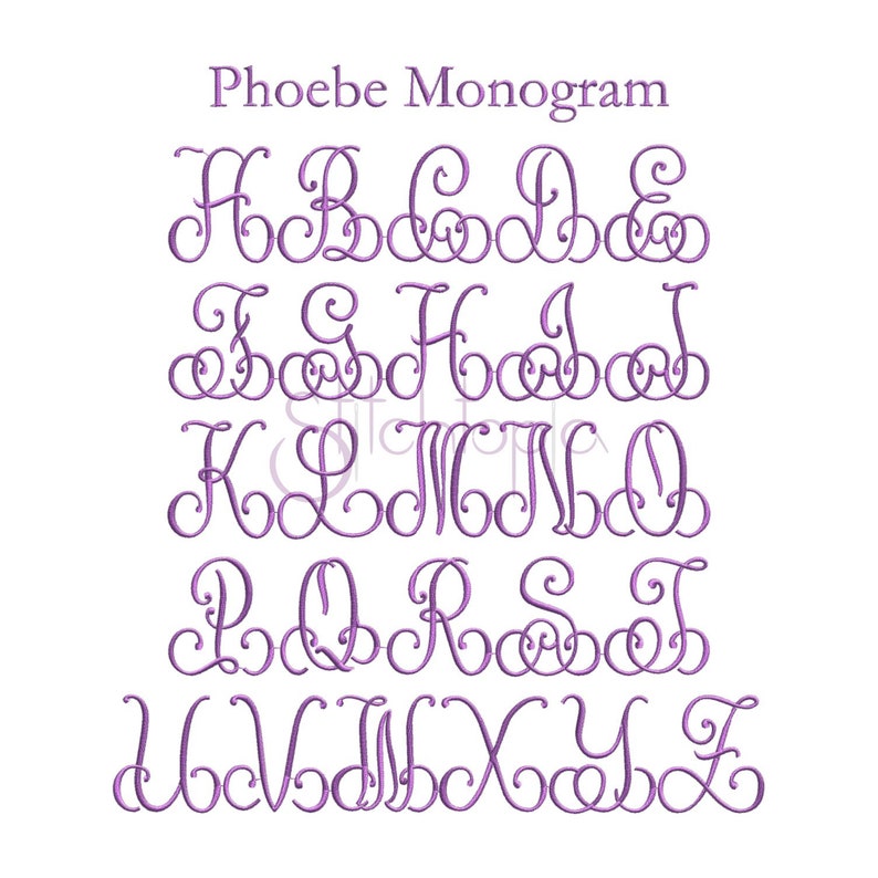 May include: A set of purple script letters in a decorative font style. The letters are arranged in alphabetical order, from A to Z. The letters are all the same size and are set against a white background. The text "Phoebe Monogram" appears at the top of the image.