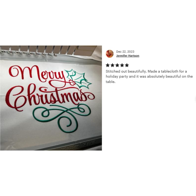 May include: Red and green embroidery design of the text "Merry Christmas" with a holly sprig. The design is stitched on a white fabric.