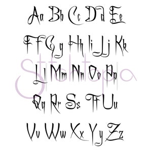 May include: Black and white alphabet font in a gothic style. The letters are stylised and have a sharp, pointed look.