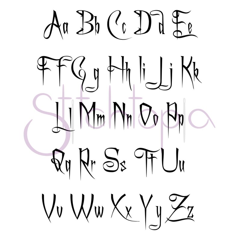 May include: Black and white alphabet font in a gothic style. The letters are stylised and have a sharp, pointed look.
