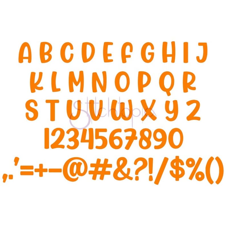 May include: Orange alphabet letters, numbers, and punctuation marks. The letters are in a rounded, playful font.