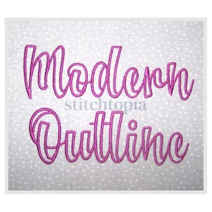 May include: A close-up of the words "Modern Outline" embroidered in a vibrant magenta thread. The text is in a cursive font, with the word "stitchtopia" in a smaller font between the words. The background is a white fabric with small, evenly spaced white dots.