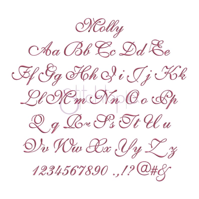 May include: A cursive font alphabet with the word "Molly" at the top, followed by uppercase and lowercase letters, numbers 1-9 and 0, and punctuation marks. The font is pink.