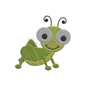 May include: A green cartoon grasshopper with large, round eyes and a smiling mouth. The grasshopper has two antennae and is sitting on its hind legs.