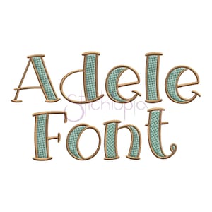 Puede incluir: Diseño de bordado Adele Font con un esquema de color verde azulado y dorado. La fuente es de estilo de escritura a mano caprichoso.
