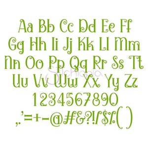 May include: Green alphabet with decorative swirls and numbers 1 through 9 and 0.  The alphabet includes punctuation marks: comma, period, equals sign, plus sign, minus sign, at symbol, number sign, ampersand, question mark, exclamation point, forward slash, dollar sign, left parenthesis, and right parenthesis.