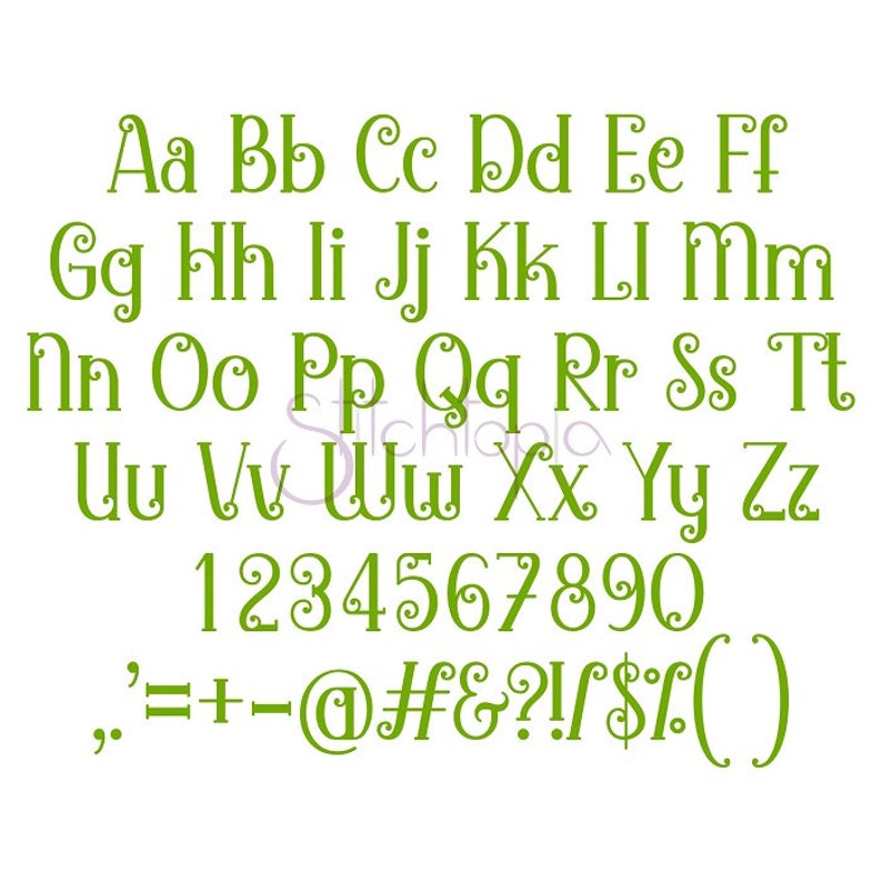 May include: Green alphabet with decorative swirls and numbers 1 through 9 and 0.  The alphabet includes punctuation marks: comma, period, equals sign, plus sign, minus sign, at symbol, number sign, ampersand, question mark, exclamation point, forward slash, dollar sign, left parenthesis, and right parenthesis.