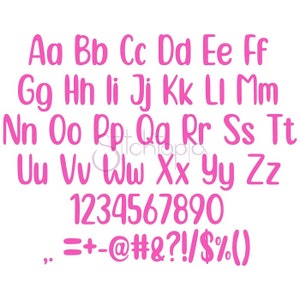 May include: Pink alphabet letters and numbers with a playful, rounded font style. The letters are uppercase and include punctuation marks.