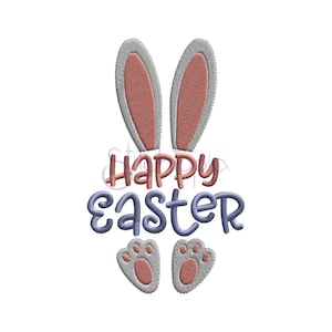 May include: Happy Easter embroidery design featuring bunny ears, paws, and text in pink, blue, and grey.