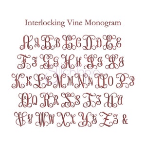 May include: Interlocking Vine Monogram alphabet in a cursive font. The letters are in a light pink color.