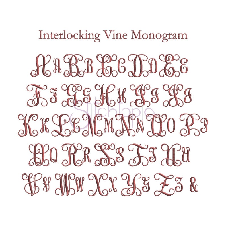 May include: Interlocking Vine Monogram alphabet in a cursive font. The letters are in a light pink color.