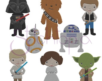 Puede incluir: Un conjunto de ocho personajes de Star Wars bordados, incluyendo Darth Vader, Chewbacca, R2-D2, un Stormtrooper, la princesa Leia, Yoda, Han Solo y un droide. Los personajes están todos en un estilo de dibujos animados y son coloridos.