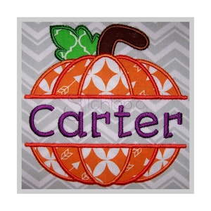 May include: Orange pumpkin with a white and orange patterned design, a green leaf, and a brown stem. The word "Carter" is embroidered in purple on a white banner.