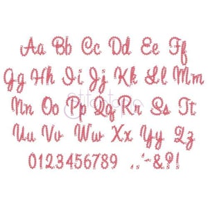 May include: A pink alphabet and numbers embroidery font with a decorative design. The letters and numbers are in a cursive style.