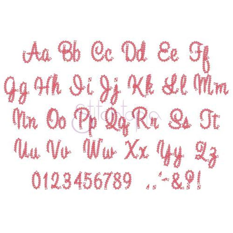 May include: A pink alphabet and numbers embroidery font with a decorative design. The letters and numbers are in a cursive style.
