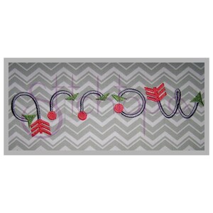 May include: Embroidered design of the word "arrow" with a red arrowhead and green leaves. The letters are purple and the background is a gray chevron pattern.