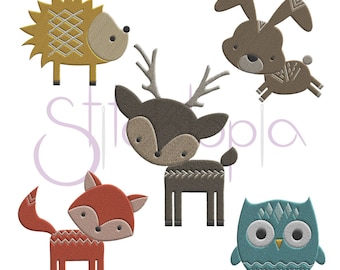 Conjunto de animales del bosque con diseño de bordado: 5 diseños, 7 tamaños cada uno: máquina digital: ciervo, zorro, erizo, búho, conejo