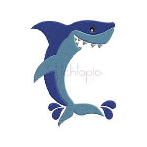 Puede incluir: Tiburón de dibujos animados azul y azul claro con una sonrisa de dientes, saltando fuera del agua con gotas de agua detrás.