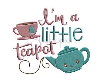 Puede incluir: Una tetera azul turquesa con una cara sonriente vierte té en un remolino marrón. El texto "I'm a little teapot" está escrito en rosa y marrón.