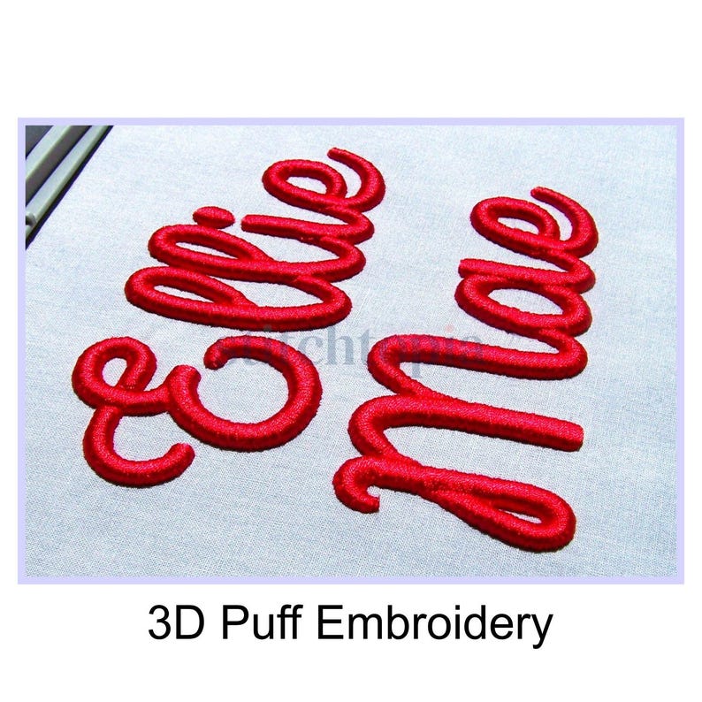 May include: Red embroidered text spelling "elise" and "love" on a light gray fabric. The text is in a cursive font with a 3D puff effect. The words are centered in the image. The bottom of the image reads "3D Puff Embroidery".