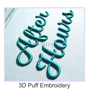 May include: Close-up of 3D puff embroidery of the words "After Hours" in teal thread on a white fabric background.