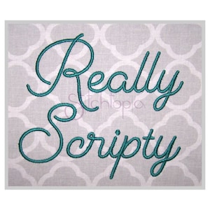 Op de afbeelding: Turquoise blauwe geborduurde tekst op een witte achtergrond die "Really Scripty" luidt.