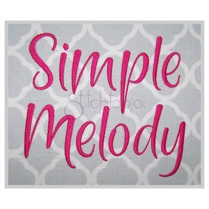 May include: Embroidered design in a pink cursive font on a gray background. The design reads "Simple Melody".