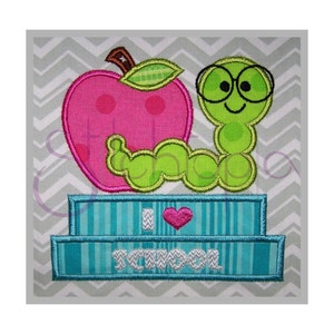 Bookworm with Apple Applique - 6 sizes 10 Formats: dst exp hus jef pes sew shv vip vp3 xxx Machine Embroidery Design - Instant Download
