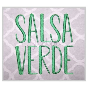 May include: Green embroidered text on a light gray background. The text reads "SALSA VERDE" in a decorative font. The background has a subtle, repeating pattern.