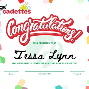 Girl Scouts First Year Cadette Completion Certificate
