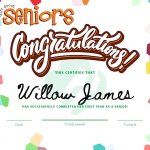Girl Scouts First Year Senior Completion Certificate