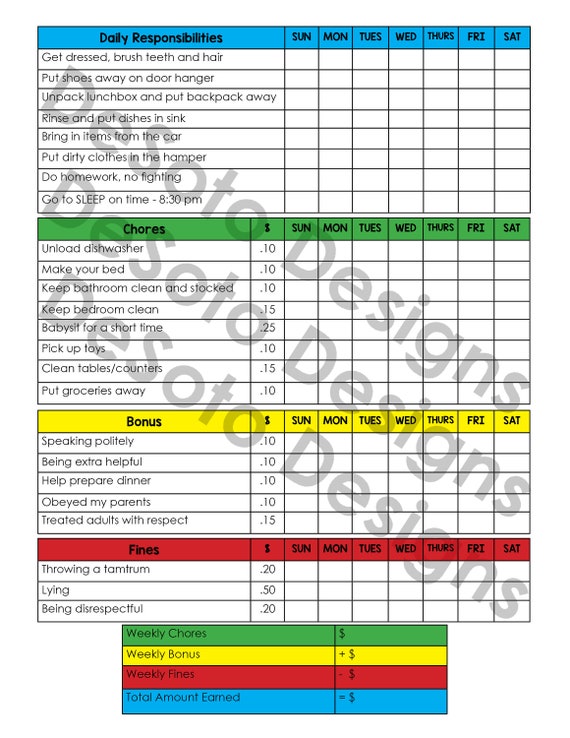 Responsibility Chart For 10 Year Old