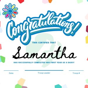 Girl Scouts First Year Daisy Completion Certificate