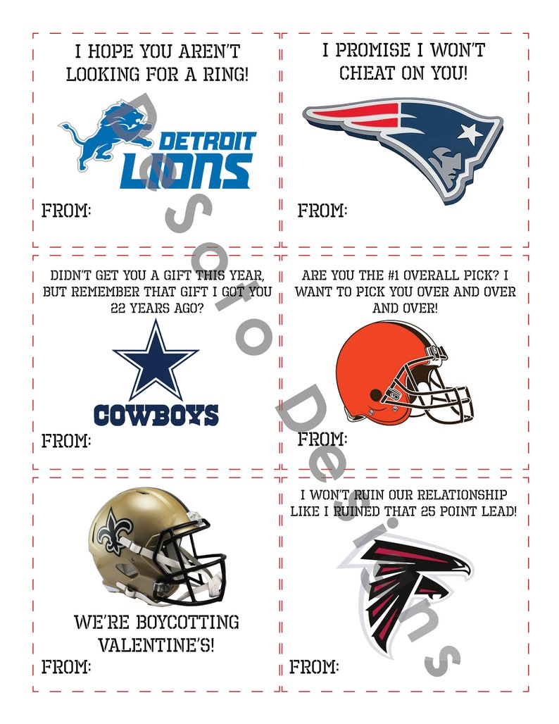 NFL Valentine's Cards Etsy