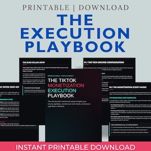 May include: A digital download titled "The Execution Playbook" with the text in blue. The playbook includes sections on TikTok monetization, tech setup, and script hooks. The design is on a gray background with a pink and black footer.