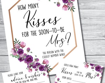 Purple Floral - How Many Kisses for the Soon-To-Be Mrs?  Bridal Shower Sign and Game ** Bonus Advice Card