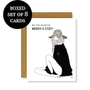 Leopard Hat Girl Kerstkaart Pack / Vakantiekaartenset / Set van 8 / Kerstkaarten in doos / Fashion Girl Card / Kaart voor beste vriend