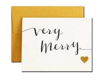 Calligraphy Font Very Merry Holiday Card with Glitter Heart. Print of my Original Calligraphy font with Ink.