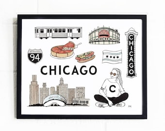 Chicago City Poster / Chicago City Print / Chicago Print / Chicago Cubs / Home Decor / Fashion Illustration/Fashion Sketch Chicago/Wall Art