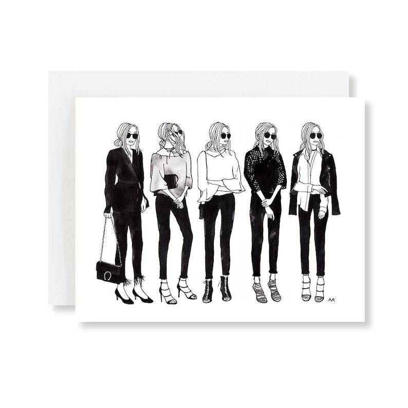 May include: Black and white line drawing illustration of six women wearing different outfits and sunglasses. The women are standing in a row and are all looking at the viewer.