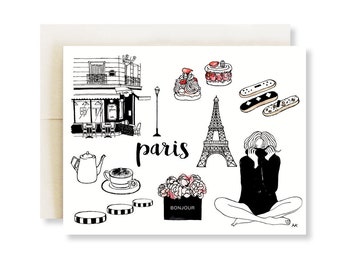 Paris Card/ Paris Art/ Fashion Illustration/ Birthday Card for Girlfriend/ Paris Print/ Fashion Card/ French Macarons/ Eiffel Tower Art/Cadeau