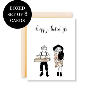 Conjunto de tarjetas navideñas con estilo/ Tarjeta de ilustración para niños/ Conjunto de tarjetas navideñas para niños y niñas/ Conjunto de tarjetas en caja/ Ilustración de moda para hermanos y hermanas