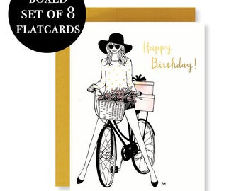 Flat Card Birthday Card Set/ Fashion Illustration Birthday Boxed Card Set/ Bicycle Fashion Art/ Happy Birthday Card Set of 8/ Flat Card Set