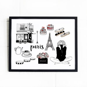 Paris Print/ Fashion Illustration/ Paris Wall Art/ Bedroom Wall Decor/ Paris Gift/ French Girl Artwork/ Paris Art Print/ Paris City Drawing