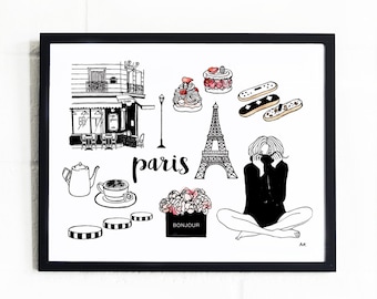 Paris Print/ Fashion Illustration/ Paris Wall Art/ Bedroom Wall Decor/ Paris Gift/ French Girl Artwork/ Paris Art Print/ Paris City Drawing